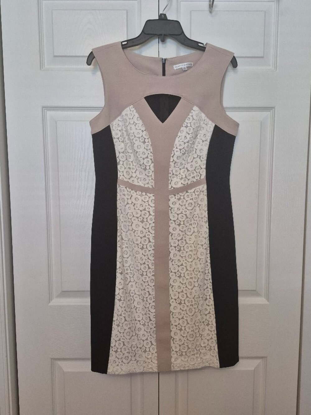 Neutral Sheath Dress sz 12 Color Block Stretch Lace Overlay